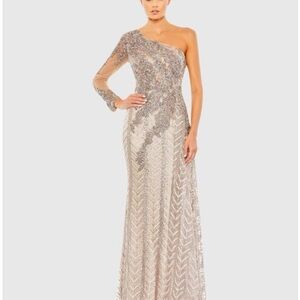 Mac Duggal One-Shoulder Long Sleeve Dress in Silver and Cream